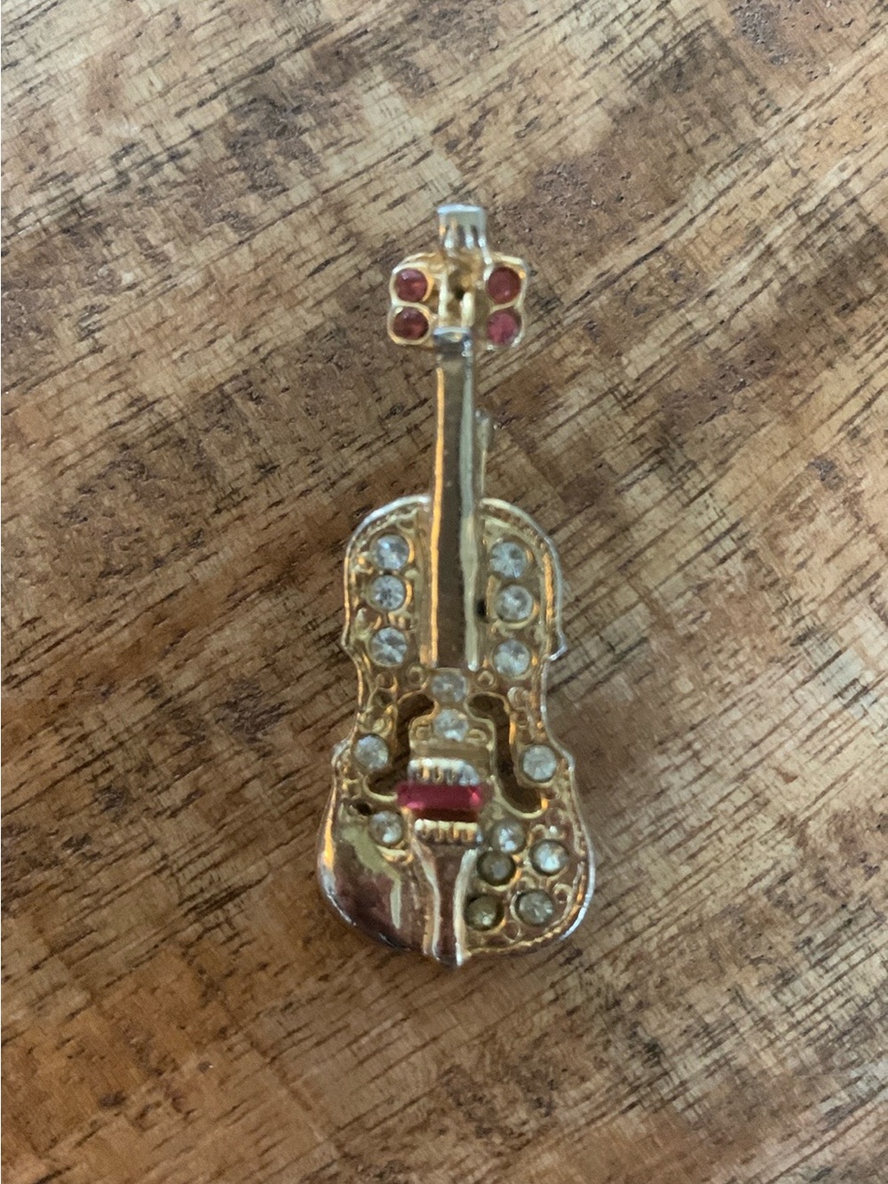 Vintage Gold-Tone Rhinestone Violin Brooch Pin